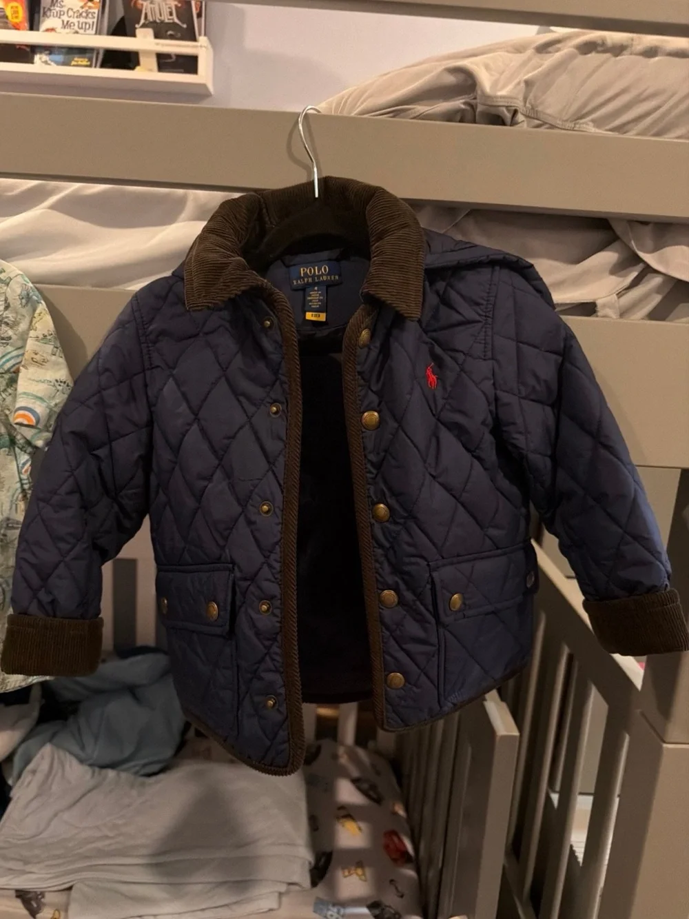 Ralph Lauren Quilted Navy Hooded Jacket with Brown Trim